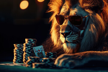 lion wearing sunglasses plays cards with poker chips stacked around