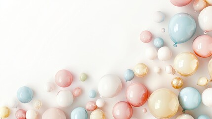 Gentle balloons in pastel colors floating against a seamless white background provide a cheerful and festive tone for celebrations with text space