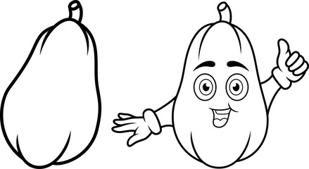 Cartoon cute paw paw papaya fruit giving a thumb up line art