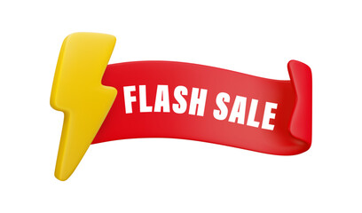 Vector cartoon 3d Flash sale badge concept. Realistic 3d render red wavy ribbon with text flash sale and lightning icon. Cute design element for web, social media, poster, discount promo banner, app.