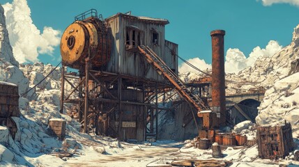 Fototapeta premium Old abandoned mine with rusted machinery and crumbling walls evoking a sense of history and decay