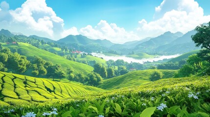 Fototapeta premium Scenic view of rolling hills and lush greenery from a picturesque tea estate showcasing nature s tranquility