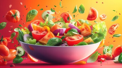 A fresh salad with tomatoes, cucumbers, onions, peppers and lettuce, flying in the air, exploding out of a bowl, against a vibrant yellow orange background.