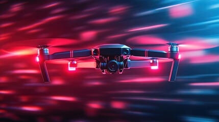 Naklejka premium A black drone with red lights flying through a blurred red and blue background.