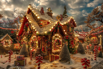 Obraz premium close up horizontal image of glowing fantasy santa claus village at christmas