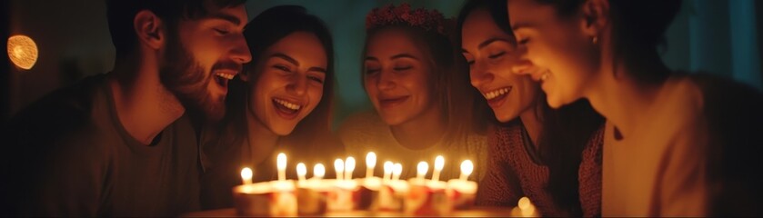 Friends Celebrating Birthday with Glowing Candles and Joyful Singing