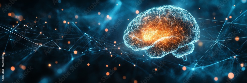 Poster abstract 3d rendering of a glowing artificial intelligence brain with neural networks