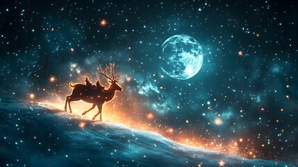 Naklejka premium A majestic reindeer glides through a cosmic landscape under a glowing moon.