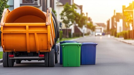 A garbage truck collecting waste alongside colorful bins on a quiet residential street during sunset.