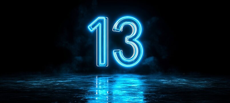 Blue Neon Number 13 Thirteen On A Black Wall Reflecting On A Wet Surface With Smoke - 3D Rendering
