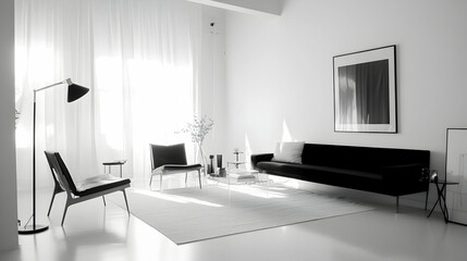 Bare-Bones Minimalist Monochrome Living Room with Black and White Palette, Clean Lines, and Sparse Decor