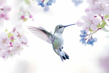 Naklejka premium A hummingbird hovers near pink blossoms.