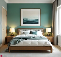 A cozy and modern bedroom with a large framed artwork above the bed, wooden nightstands, and a teal-colored accent wall