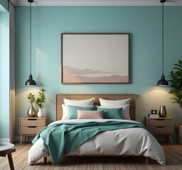 A cozy and modern bedroom with a large framed artwork above the bed, wooden nightstands, and a teal-colored accent wall