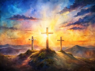 Obraz premium Serene Sunrise View of the Three Crosses on Golgotha from the Holy Sepulchre, Captured in a Digital Watercolor Style, Evoking Peace and Reflection in Sacred Moments