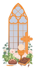 Fototapeta premium First Communion symbols. Vector. Golden wine cup, Grail, bread, Bible, rosary, wine, white roses and crucifix. Festively decorated altar in the church. Clipart for holiday invitations, greeting cards.