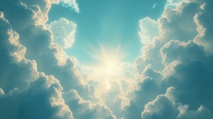 A bright sun shines through fluffy white clouds in a blue sky.