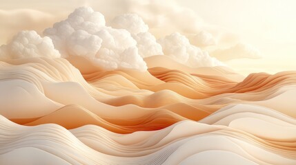 Abstract 3D rendering of a landscape with white fluffy clouds floating over rolling hills.