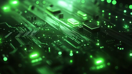 Closeup of a green circuit board with glowing lights.