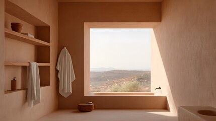 Bathroom with Terracotta Accents and Wooden Shelves | Rustic Bathroom Decor, Natural Materials, Cozy Bathroom Design, Warm Earthy Tones, Home Interior