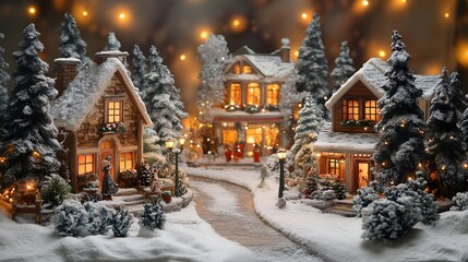 Fototapeta premium Charming winter village scene with snow-covered houses and twinkling lights.