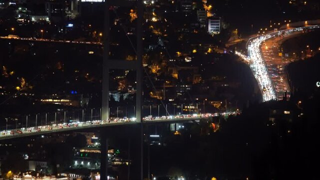 Aerial view of traffic flow in a main highway in Istanbul at night