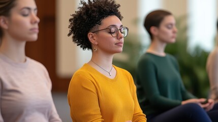 Diverse group of people sitting together in a peaceful harmonious setting engaged in a shared meditation and wellness practice expressing a sense of community balance and inner tranquility