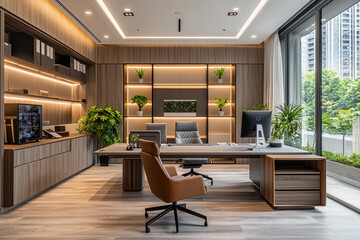 Fototapeta premium Modern office interior with wooden furnishings and greenery