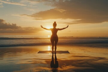 Woman practicing yoga on beach at sunrise.