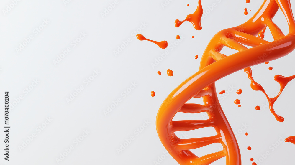Poster 3d rendering of dna double helix with vibrant orange ink splashes, symbolizing creativity and life. 