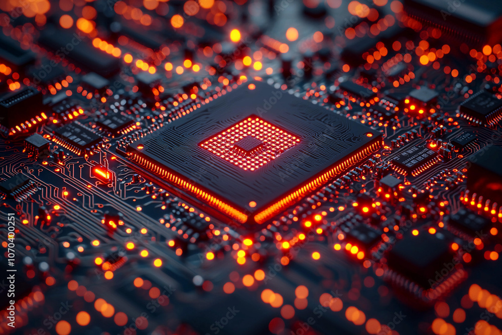 Poster close-up view of a glowing microchip on a circuit board at night