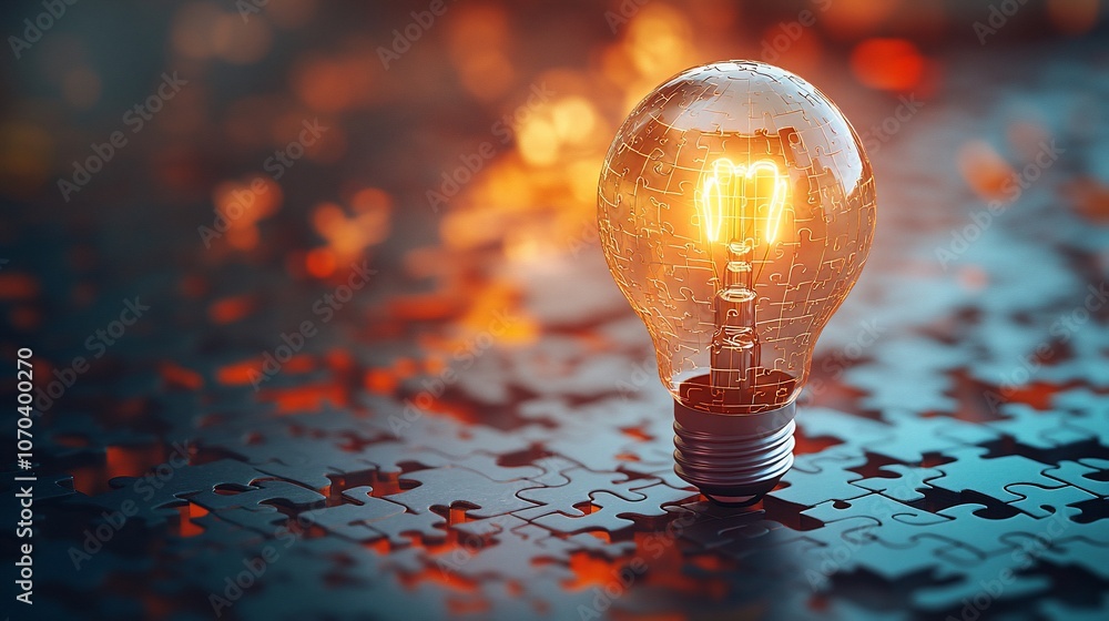 Poster glowing light bulb on a puzzle, representing innovation and problem solving.