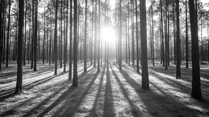 A black and white photo of tall, slender trees in a forest, with the sun shining through the branches, casting long shadows on the ground.