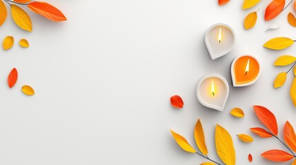Bright Diwali lamps with warm flames surrounded by multicolored petals on white background festive celebration, with copy space for text