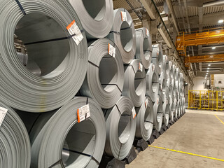 Stored coils of sheet steel ready for further processing in an automotive bodywork factory