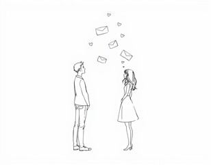 A couple exchanges love letters, surrounded by hearts and envelopes.