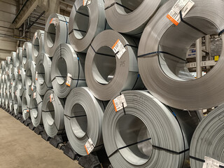 Stored coils of sheet steel ready for further processing in an automotive bodywork factory