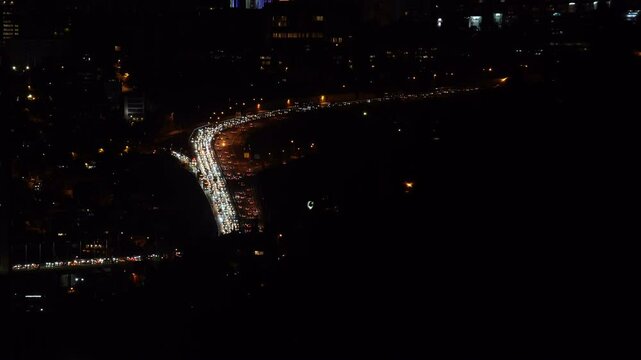 Aerial view of traffic flow in a main highway in Istanbul at night