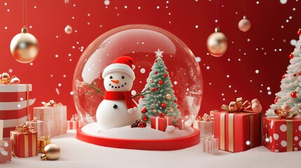 christmas snow globe, christmas tree and snowman scene, gifts flat design front view North Pole theme 3D render 