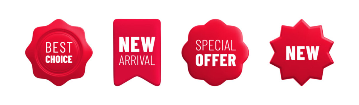 Vector cartoon 3d promo labels set. Special offer, Best Choice, New Arrival red badges. Realistic 3d render sale stickers. Discount tags isolated on white background. Shopping banner template.