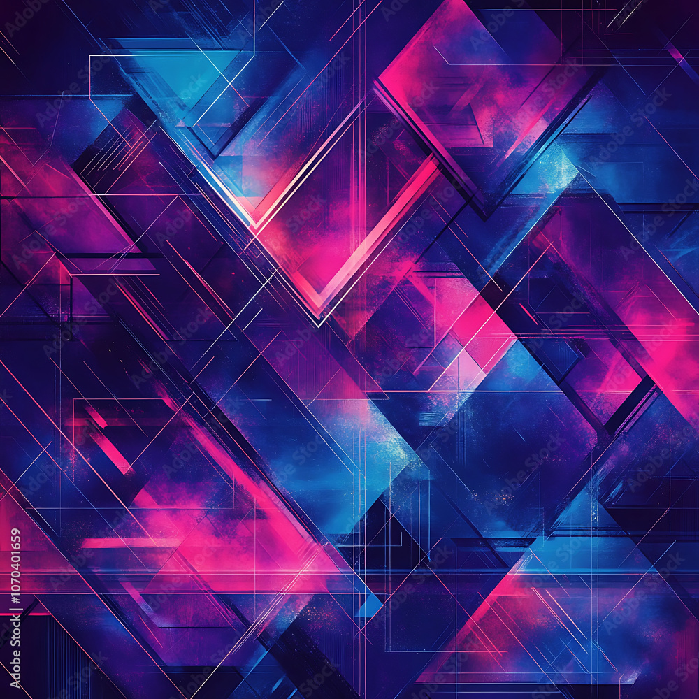 Poster vibrant abstract geometric pattern featuring vivid pink and blue shapes on dark background, creating
