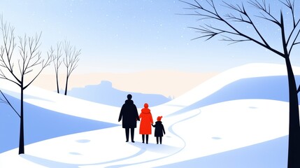 Family bundled up on a snowy hike, admiring the wintery landscape and frozen trees around them, with copy space for text