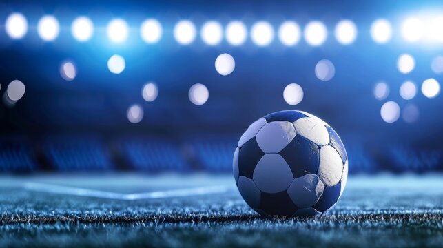 Stunning blue themed stadium image with illuminated background and dominant white soccer ball