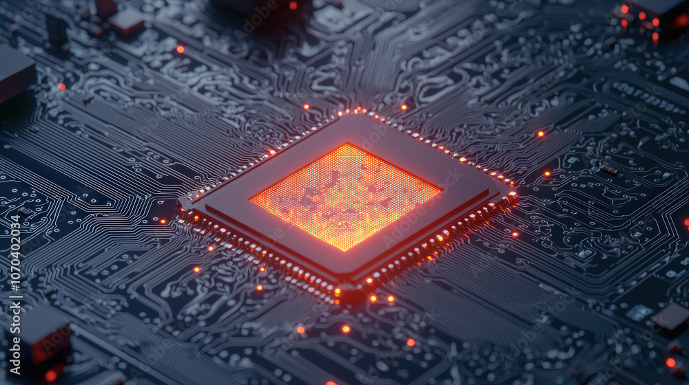 Poster close up view of glowing microchip on circuit board, showcasing intricate details and futuristic des