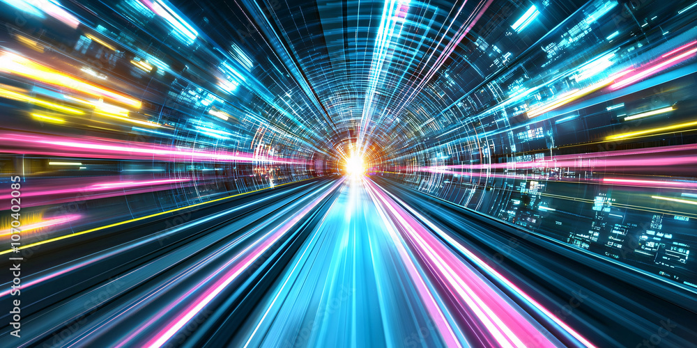 Poster glowing neon portal tunnel with high speed wave lines, creating vibrant and dynamic visual experienc