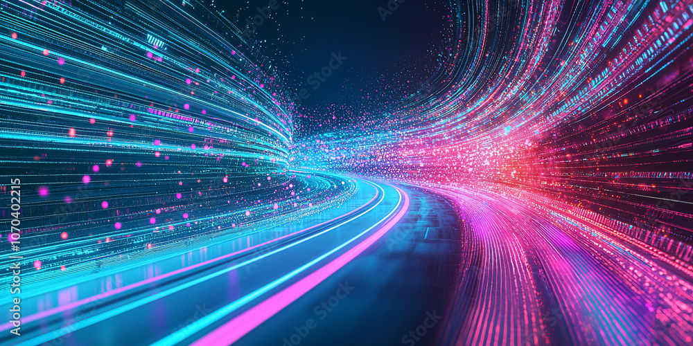 Poster dynamic futuristic portal with neon wave lines creating vibrant atmosphere. colorful lights and patt