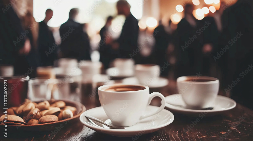 Poster coffee break at business event with cups on table, surrounded by people engaging in conversation. at