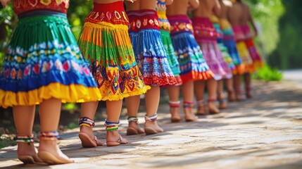 Fototapeta premium A group of women in colorful skirts and anklets walk in a line on a cobblestone path.