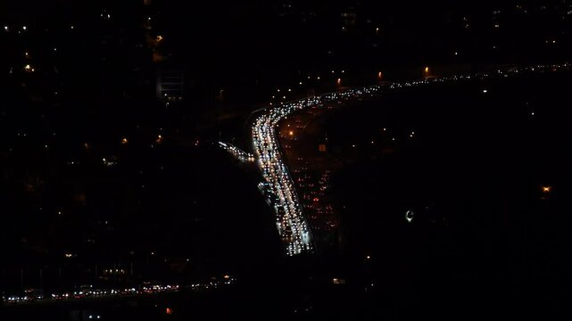 Aerial view of traffic flow in a main highway in Istanbul at night
