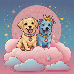 Fototapeta premium a playful doodle style, featuring cartoon dogs with cheerful expressions, posed adorably with details like collars and crowns